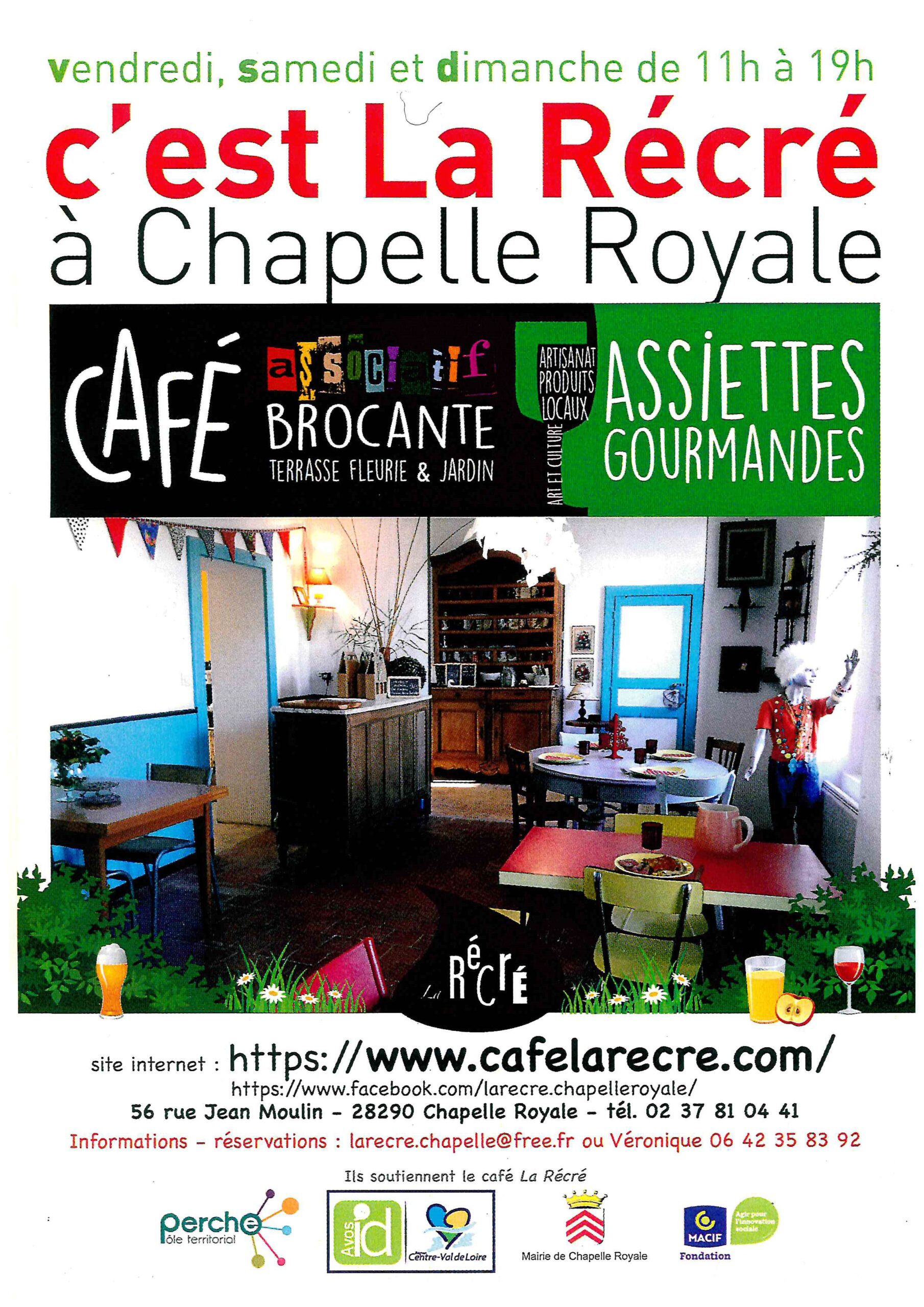 Affiche du Café Associatif La Récré qui promeut la culture locale en faisant découvrir des artistes, des artisans et des producteurs locaux à de Chapelle Royale en Eure et Loir dans le Perche (28)...