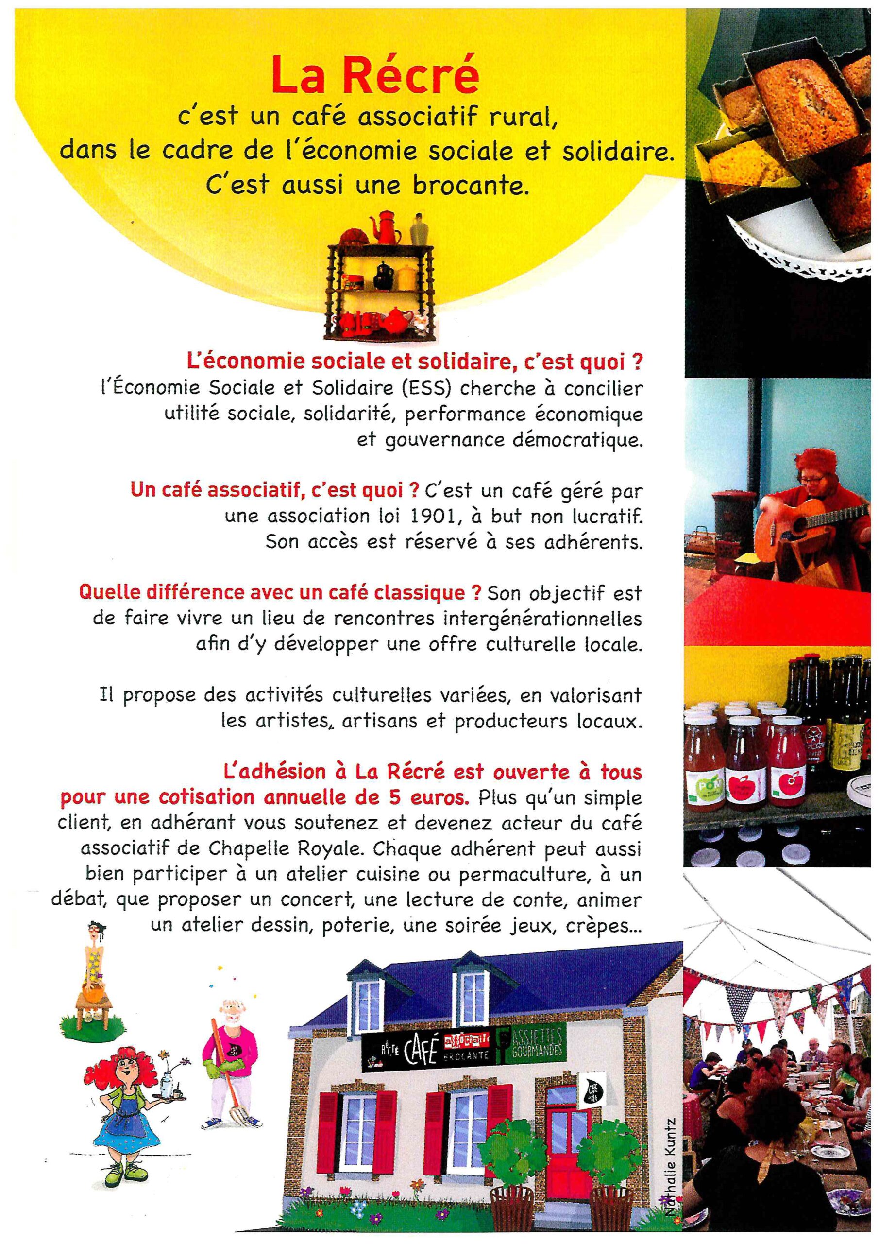 Affiche du Café Associatif La Récré qui promeut la culture locale en faisant découvrir des artistes, des artisans et des producteurs locaux à de Chapelle Royale en Eure et Loir dans le Perche (28)...