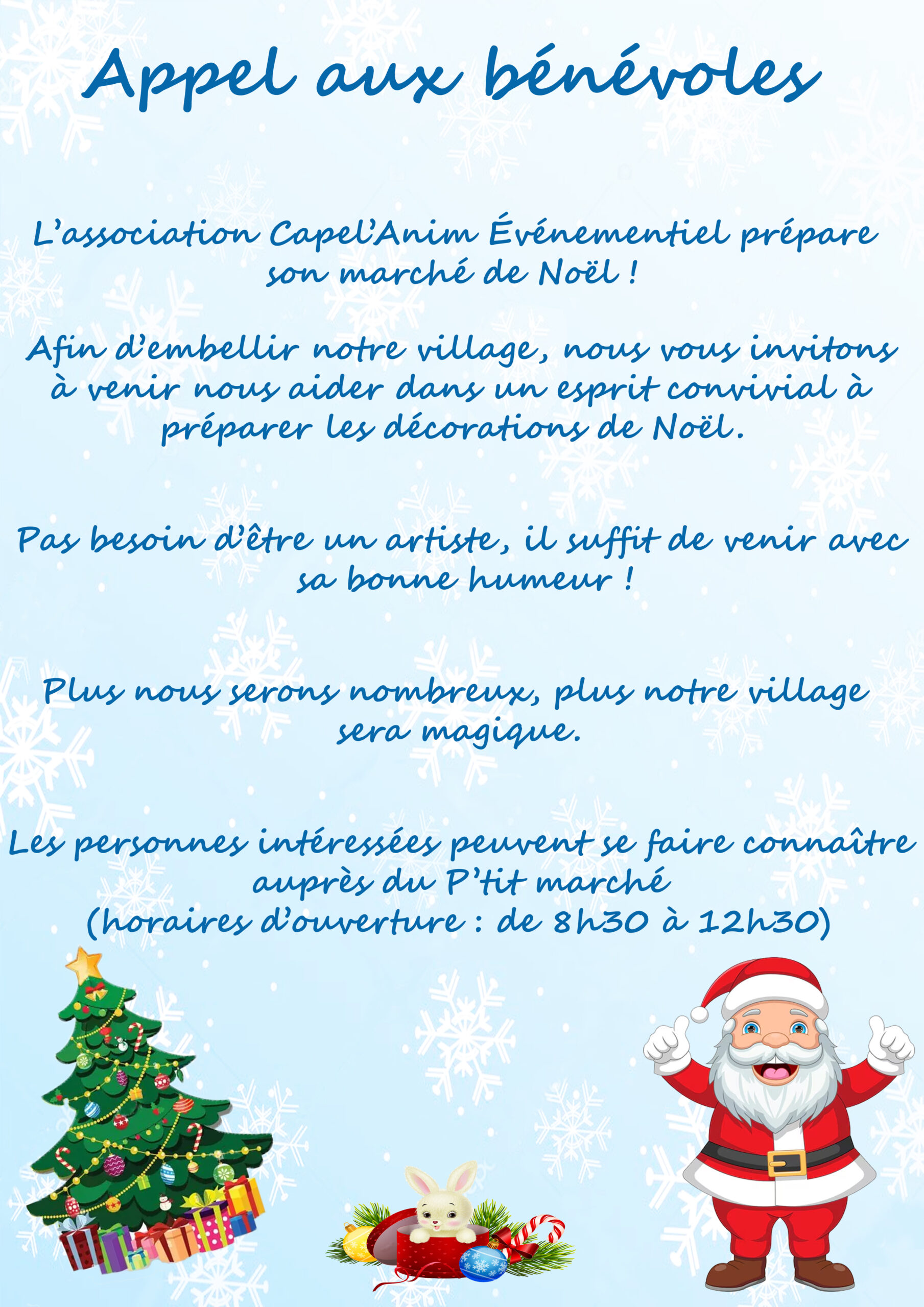 appel aux bénévoles pour préparer décorations pour le marché de noël 2025 à chapelle-royale 28290 en eure et loir