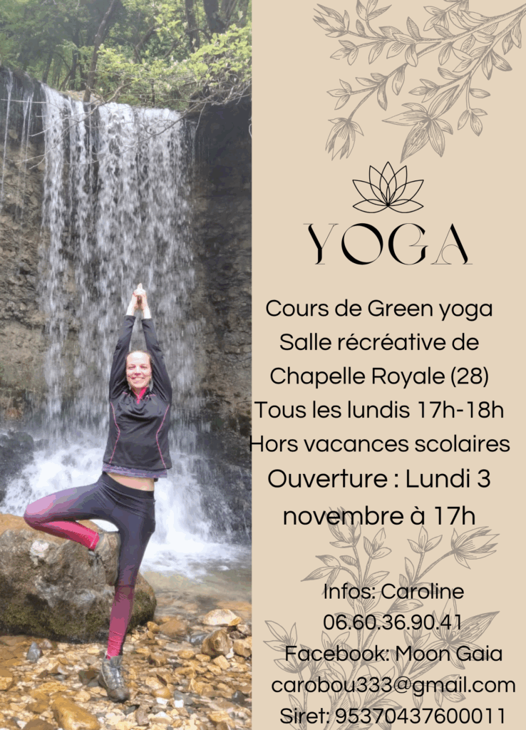 Flyer cours yoga hebdomadaires Chapelle Royale 28290